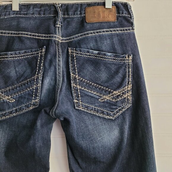 BKE Mens Jeans Size 29R Jake  Dark Wash Straight Distressing Heavy Stitching - Picture 7 of 12